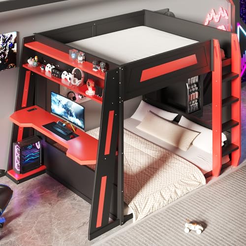 Image of GDFStudio Queen Over Queen Bunk Bed Frame with Desk, USB and LED Light, Solid Wood Gaming Bunk Bed Queen Size with Storage Shelves, High Loft Bed Queen Size with Under Entertainment Space, Black+Red
