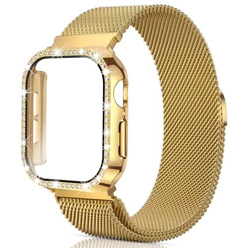Mesh Loop with Bling Case Compatible with Apple Watch Band 38mm 40mm 41mm 42mm 44mm 45mm 46mm,...