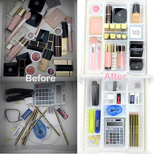 WOWGANISER White Drawer Organizer for Makeup Bathroom Organizer, 12 Adjustable Dividers, White Plastic, Set of 4 Trays, 13.8