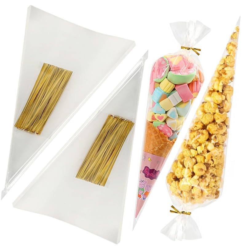 100 Clear Cone Cellophane Bags 5x10 Inches - Triangle Goody Bags With Twist Ties For Party Favors