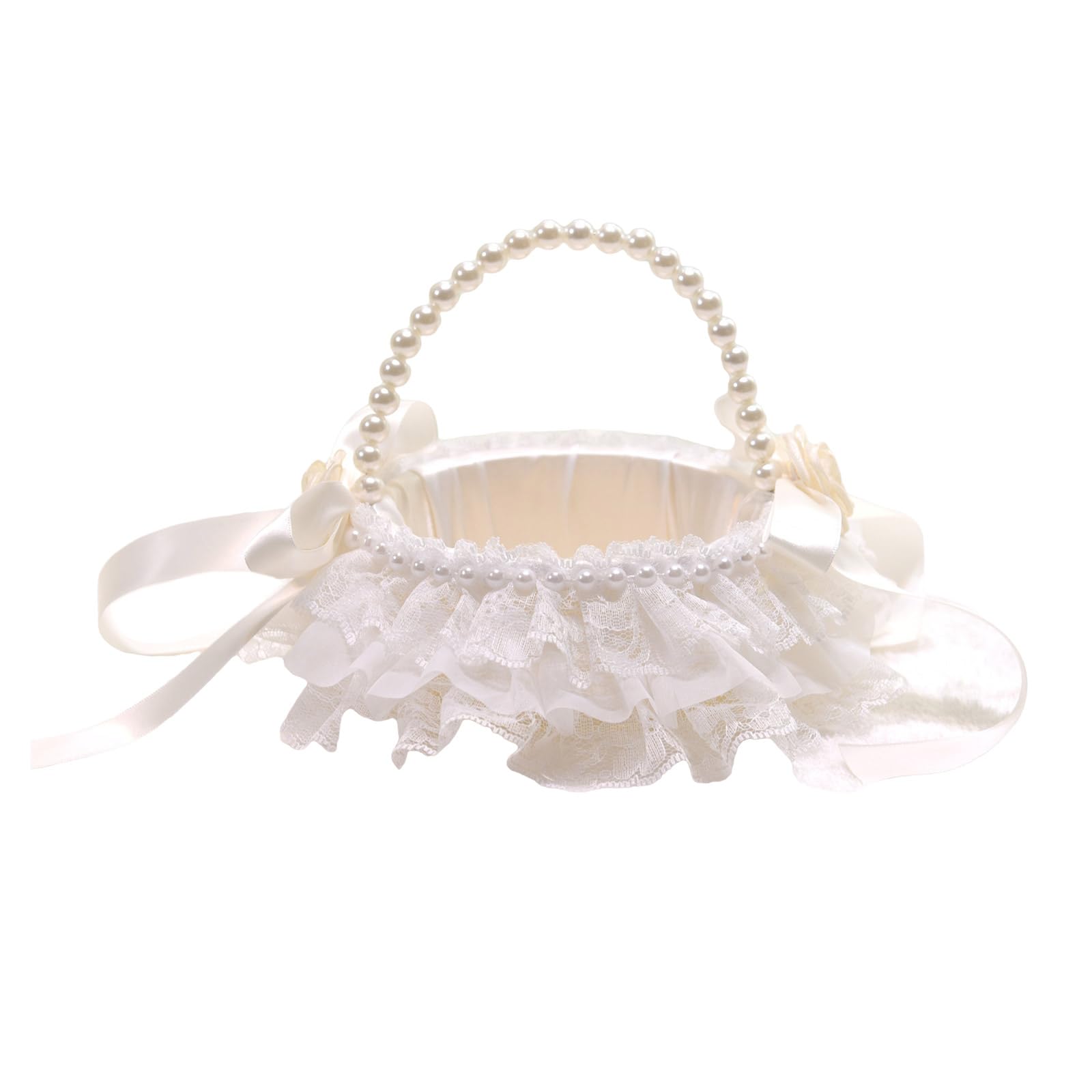 Yhplxyuus Basket with Pearls Handle, Lace Ruffle Wedding Flower Basket Fariy Wedding Baskets for Flower Girls Gifts Bowknot Baskets
