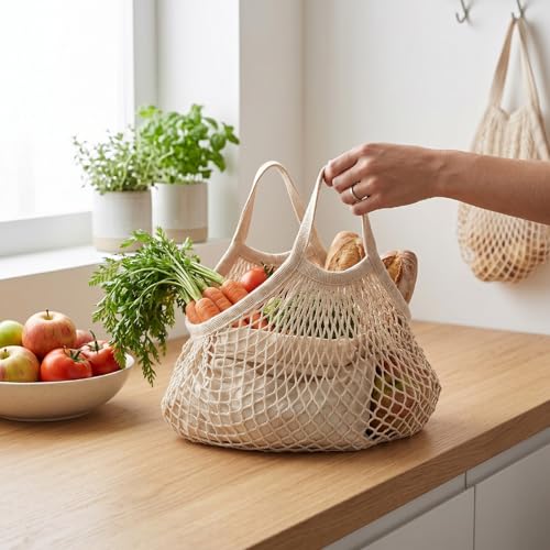 Bolsas de malla para comestibles reutilizables de algodón para cuidar tus frutas 4