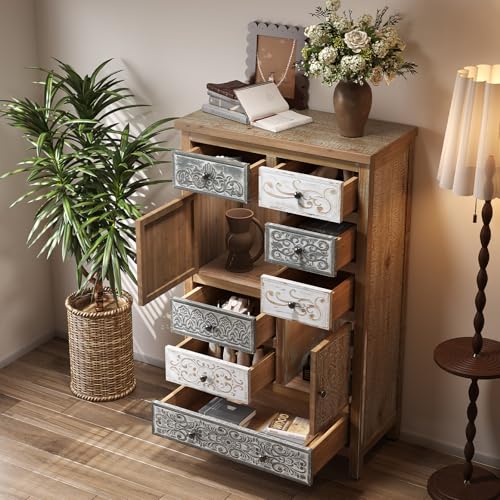 Image of Vintage Carved Accent Cabinet with 7 Drawers, Solid Wood Storage Sideboard for Living Room, Dining Room & Hallway, 47.44 inch Tall