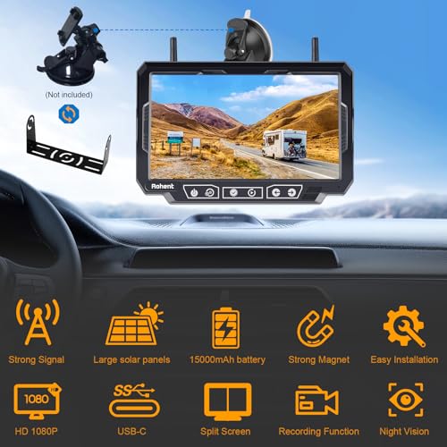 Magnetic Solar Wireless RV Backup Camera: 1Min DIY Installation 7\" DVR Monitor 15000mAh Rechargeable Battery HD 1080P 170° Wide View Hitch Rear View Camera System for RV Trailer Truck Rohent N12