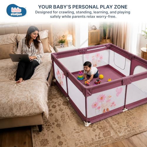 Image of Kids Station 180 x 150cm Playpen for Baby up to 5 Years, Portable Baby Activity Playards for Toddlers, Play Pen Fence with Zipper Door & Anti-Fall Grasp Rings (Non-Foldable Without Mattress) - Maroon