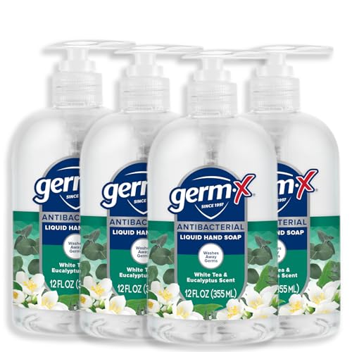 Germ-X Antibacterial Hand Soap, 12 Oz (Pack 4), Moisturizing Liquid Hand Wash for Kitchen or Bathroom, pH Balanced & Dermatologist Tested, White Tea & Eucalyptus Scent, Pump Bottle