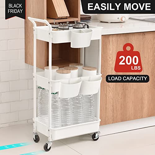 Hamone 3-Tier Utility Rolling Cart,Mobile Utility Cart With Lockable Caster Wheels,Storage Shelves Organizer Cart, 3 Hanging Baskets, Easy Assembly,For Bathroom, Kitchen, Office, Workshop,White #TOP4