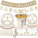 God Bless Baptism Decorations Tableware,142pcs First Communion Plates and Napkins,Tablecloth,Cups,Banner,Baptism Party Decorations for Girls Baby Shower