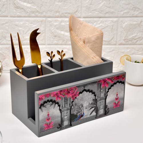 Image of Home Sparkle Engineered Wood Cutlery Holder with Napkin Rack - Multipurpose Spoon Stand & Kitchen Organizer Rack for Dining Table, Restaurant & Countertop - Brown Finish (B13V31)