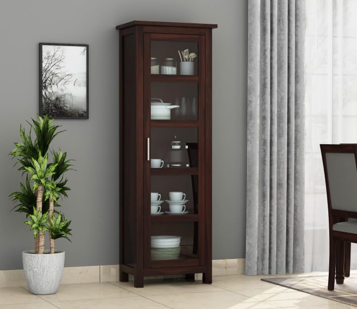 SHEESHAM Wood Multipurpose Kitchen Crockery Cabinet Display Rack with 1 Door and 4 Shelf for Living Room | Solid Wood Bookcase for Home Office Furniture (Walnut-1)-image-35
