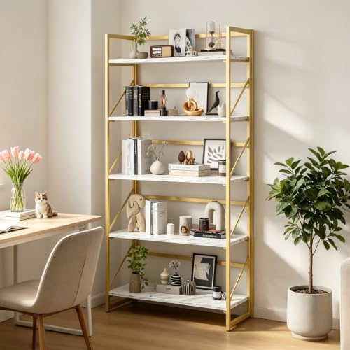 Image of JSB 5 Tier No Assembly Folding Bookshelf, 30.7 inch Wide Foldable Storage Bookcase for Home Office, Space-Saving Storage Shelf for Living Room (White&Gold)