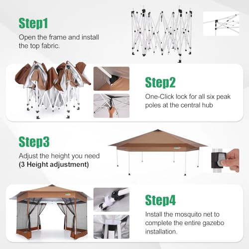 Image of COBIZI 16x16 Pop Up Gazebo Tent with Mosquito Netting, Gazebos on Clearance, Hexagonal Outdoor Canopy Shelter, Patented Center Lock 6-Sided Portable Gazebos, Pop Up Canopy Tent for Backyard, Brown