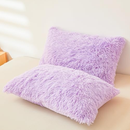 ERLOXO Fluffy Lavender Pillow Cover, Ultra Soft Fuzzy Plush Lavender Pillow Covers with Furry Texture and Shaggy Touch, Faux Fur Cushion Shams 20"x26" Zippered, Set of 2