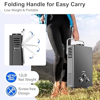 Outdoor Tankless Propane Water Heater 1.58GPM 6L Portable Gas Water Heater with Handle & Overheating Protection, Instant Hot Water for Camping RV Cabin Boat Barn - Black