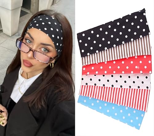 Leeven Polka Dot Headband for Women 6 Pack Non Slip Soft Elastic Floral Hairbands Soft Fabric Stripe Head Bands for s Heart Headbands
