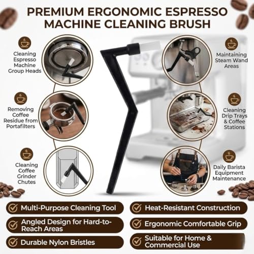 Image of BEAN BLISS Coffee Machine Cleaning Brush - Durable Nylon Zig-Zag Bristles | Barista-Style Brush for Espresso Machine Group Head & Coffee Grinder Cleaning - Black