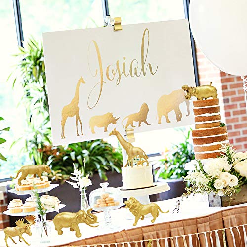 Metallic Gold Plastic Animal Figurines Toys, 12Pcs Jumbo Safari Zoo Animal Figures, Jungle Wild Animals With Elephant, Lion, Giraffe For Baby Shower Decor, Safari Themed Birthday Party #TOP1