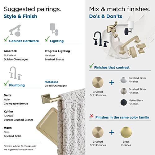 Image of Amerock Mulholland Double Prong Golden Champagne Wall-Mounted Hook | Decorative wall hook in durable zinc construction for coats, hats, bags, towels, and everyday organization