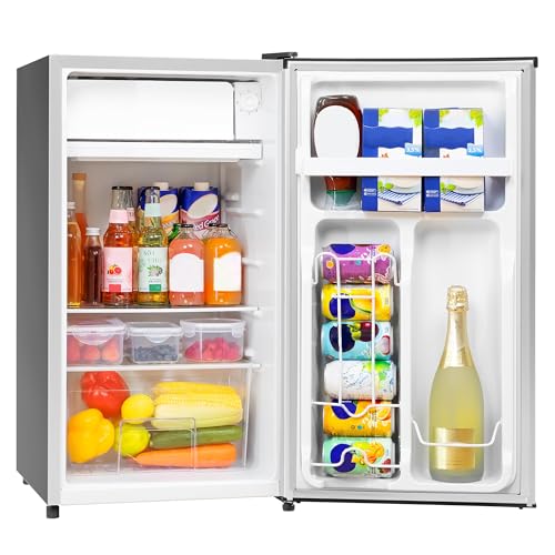 Manastin 3.2 pies cúbicos Mini refrigerador con congelador para recámara, oficina, refrigerador compacto Energy Star con termostato ajustable, estantes de vidrio extraíbles y puerta reversible
