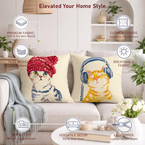 Image of STITCHNEST Set of 2 Jute Cushion Covers - 12x12 Inches - Cute Cat in Beanie & Headphone Cat Prints - Designer Decorative Pillow Covers for Sofa, Living Room & Bedroom | Perfect for Home Decor