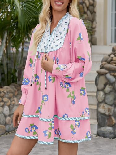 Image of Wenrine Womens Casual Floral Mini Dress Fall Long Sleeve V Neck Patchwork Loose Boho Shirt Dresses