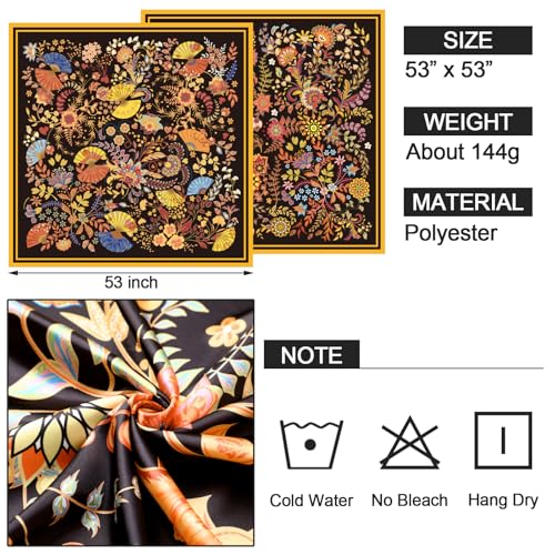 2 Pcs 53'' Extra Large Silk Satin Scarf for Women Large Head Scarf Wraps Square Bandanas for Hair Wrapping at Night Sleeping2