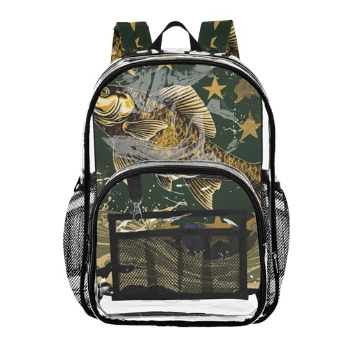 Big Fish Stars Camo Clear Backpack PVC Transparent Backpack Lightweight Book Bag Capacity Clear Bag for Kids Boys Girls