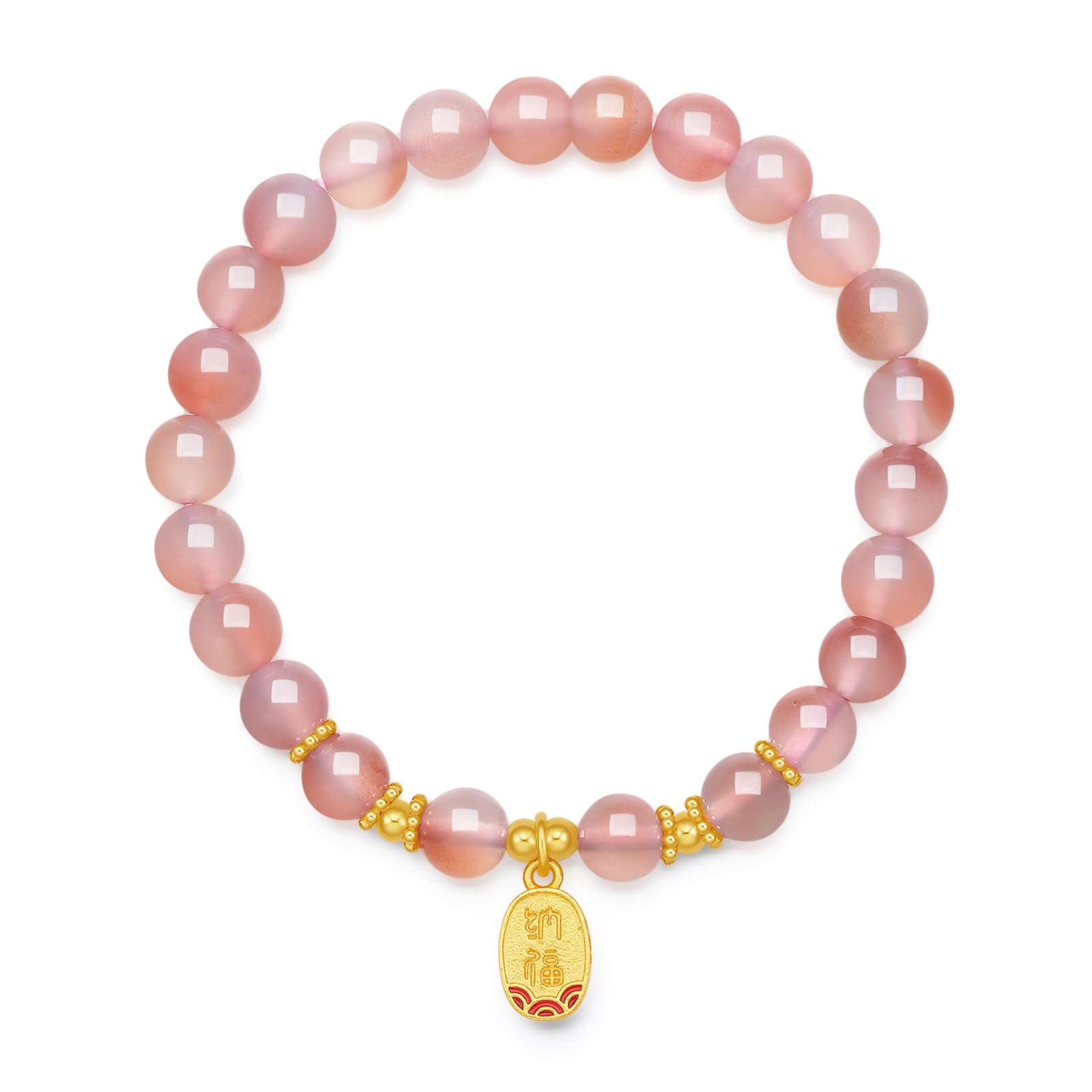 Bracciale in Argento Sterling Braccialetti con Perline in Argento e Agata Rosa Bracciale Elastico con Ciondolo della Fortuna Gioielli Portafortuna per Donne Mamma Figlia Compleanno 6.7"/17CM