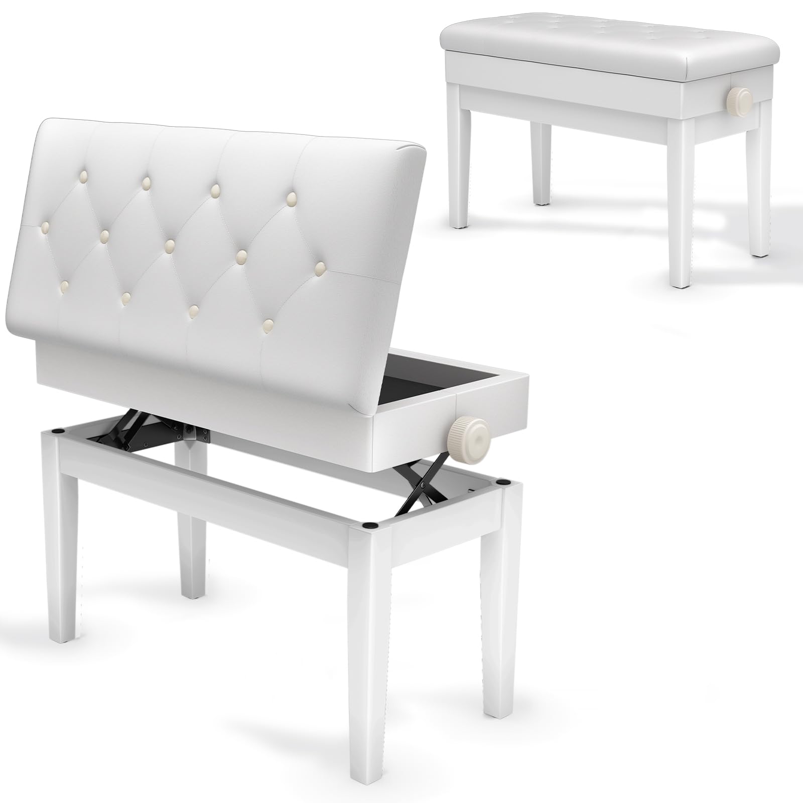 Clevich Sgabello per pianoforte, regolabile in altezza, 48 – 58 cm, con vano portaoggetti, panca per pianoforte con cuscino in pelle PU, sedia per pianoforte, resistente, portata fino a 200 kg, Bianco