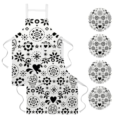 Tablier de cuisine avec crânes en sucre et fleurs pour un style multicolore