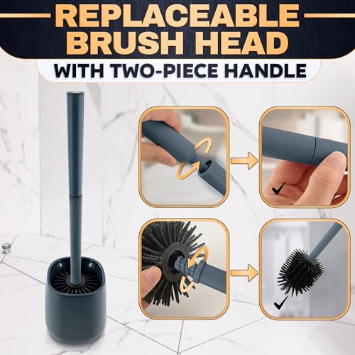 Image of Toilet Brush and Holder Set - Silicone Toilet Brush Cleaner with Dark Grey Holder Base, Compact Accessory for Small Spaces - Easy to Place & Simple to Store After Use, Plastic Bathroom Cleaning Tool