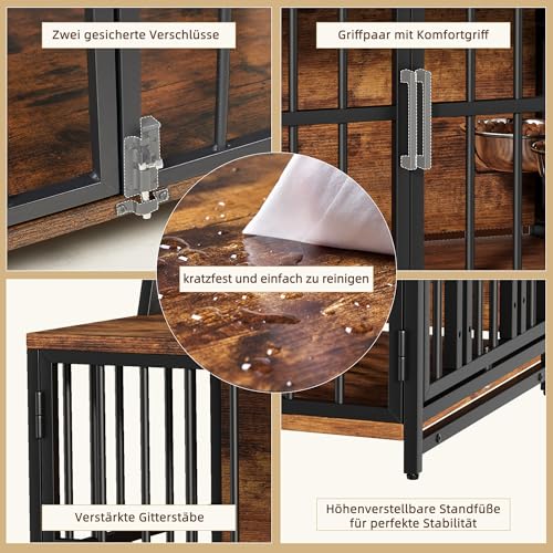 LitaiL Hundekäfig Möbel, Hundebox für Zuhause, 100x60x85 cm, Hundekäfig Holz mit Schwenkbaren Hundenäpfe, Hundehütte im Möbelstil mit Stauraum für Hunde bis 35KG