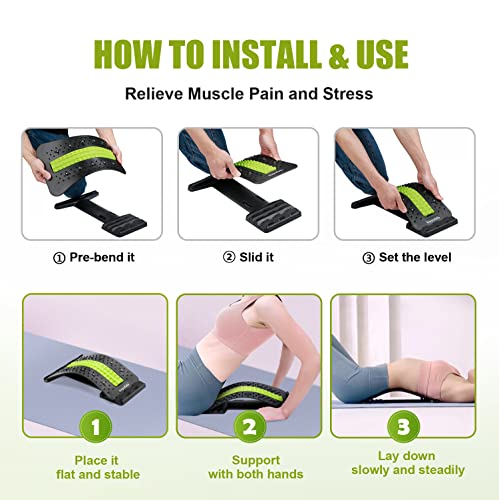 4-Level Adjustable Back Stretcher, Back Massager, Pain Relief Device With Magnet, Upper & Lower Lumbar Back Muscle Pain Relief Stretcher With Massager For Spinal Decompression, Spine Aligner (Green) #TOP6