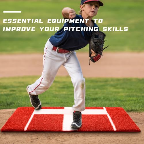 Meooeck 3\' x 2\' Softball/Baseball Pitching Mat Antifade Turf Pitching Mat with Rubber Non Slip Pitchers Mound Instructional Portable Training Equipment for Indoor Outdoor(Red)