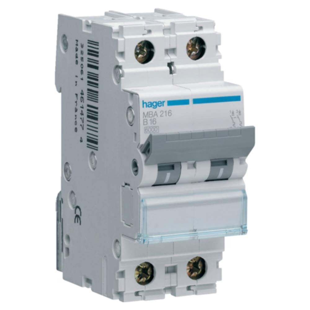 Interruptor automático MBA 2P 16A con curva B-6/10kA para protección eléctrica