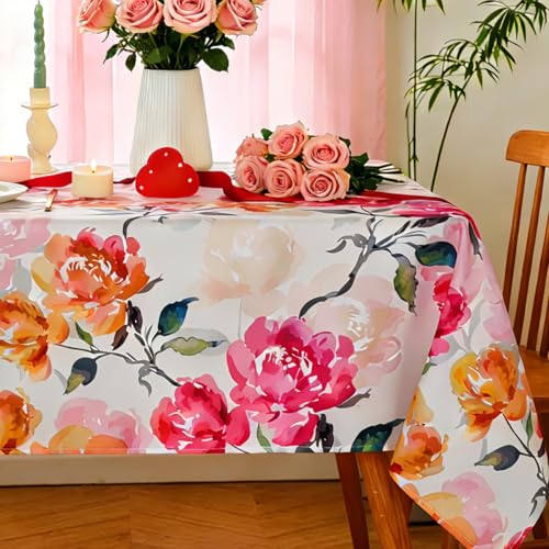 SASTYBALE Valentine's Day Pink Rose Watercolor Tablecloth 60'x84' Rectangular, Romantic Floral Polyester Table Cover, Washable Water-Resistant for Date Night, Romantic Dinner, Wedding Gatherings