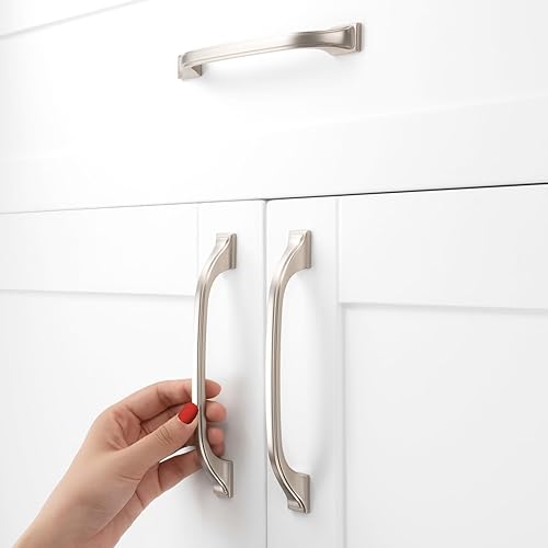 Miniatura 4 de BEROSSA Paquete de 10 tiradores de arco con patas de níquel cepillado de 5 pulgadas, manijas de gabinete de cocina, herrajes sólidos para muebles