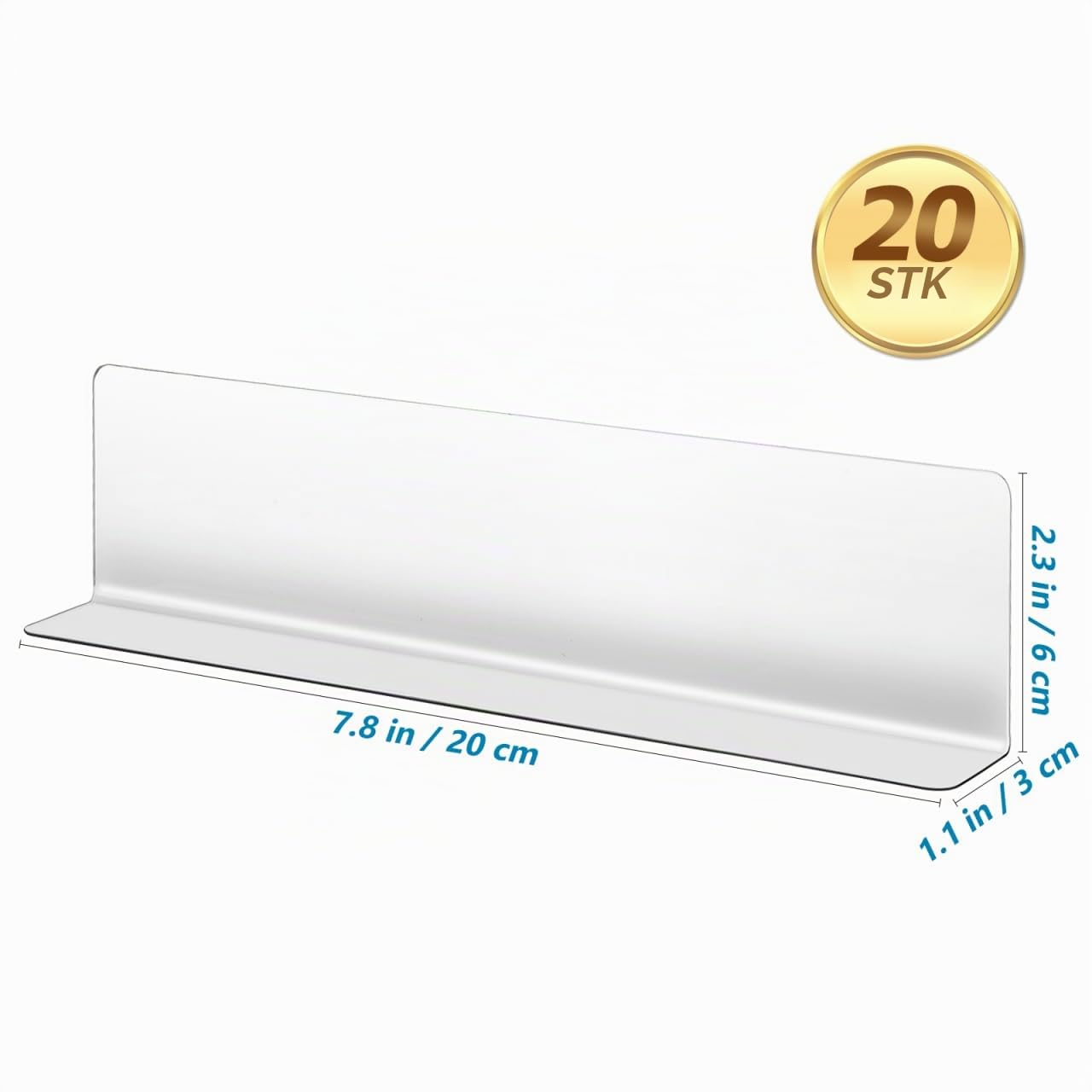 Amosfun Regalteiler Transparent 20 Stück L-Form 20×6×3 cm Kunststoff lebensmittelecht – Warentrennung für Supermarktregale & Küchenschränke, stabil & rutschfest