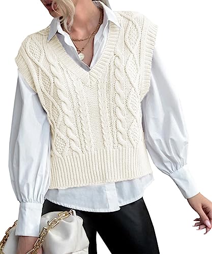 Tongmingyun Pull pour femme, sans manches, avec col en V, uni, pour le travail, les loisirs, pour femme, Blanc, L