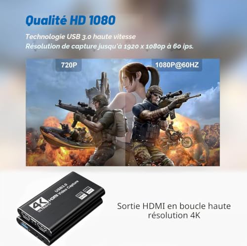Carte de Capture vidéo HDMI 4K, USB 3.0 1080P 60FPS Enregistreur vidéo Nintendo Switch Capture Card pour Streaming Gaming et Broadcasting, Fonctionne avec Xbox Series X/S, Xbox One X/S, PS4, (Noir) – vue 4