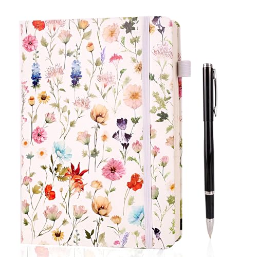Zidoley Cuaderno A5 con bolígrafo, diario para adultos, 240 páginas, tapa dura, cuaderno de escritura a rayas, de piel sintética, ideal para oficina, escuela y hogar (flores)