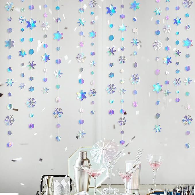 13.1Ft Snowflakes Garland Hanging Decorations, Shimmer Holographic Paper Snowflakes Streamers, Winter Wonderland Snowflakes Decorations for Iridescent Party Decor Xmas Christmas Themed Birthday Decor image 2