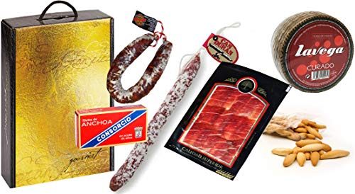 Lote de Embutidos: 1 Queso Curado de 1 Kg, 1 Chorizo Salamanca, 1 Fuet Can Duran, 1 Lata Anchoas Consorcio, 1 Paq. Jamón Ibérico cortado a mano y bolsa Picos de Pan.