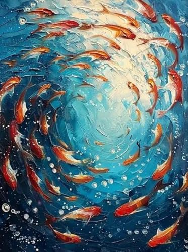 Cuadro abstracto azul para renovar paredes, lámina de peces 40x60cm sin marco