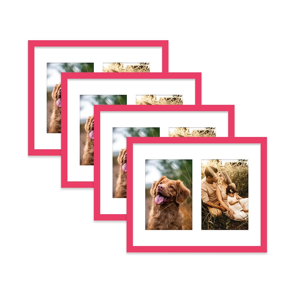 Bright Pink Multi Photo Frame - Holds 2 x 6x4 Pictures, Family Collage Picture Frame for Wall Display, 10x8 Frame size, Set of 4