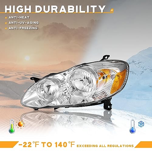 Image of WEELMOTO Halogen Headlights Assembly for 03-08 Toyota Corolla CE /LE /S /XRS | Clear Lens Chrome Housing Amber Reflector, Left+Right Side, Plug-and-Play, Halogen Headlamps, OEM: 81150-02360, 81110-02370
