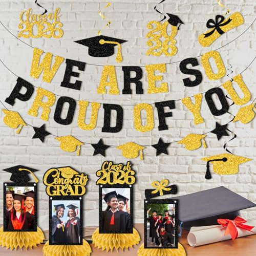 Image of Graduation Decorations 2026 - Black Gold Congrats Grad Party Supplies Include Glitter We are So Proud of You Banner, Hanging Swirls and Honeycomb Centerpieces for Photo Toppers