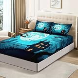 Sábana Ajustable de Halloween 90 x 190 cm de Microfibra Suave Transpirable y Antiarrugas, con diseño de Casa Embrujada Azul Luna Llena Murciélago Bolsillo Profundo de 30 cm para niños y Adultos