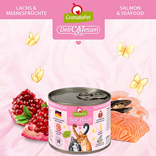 GranataPet DeliCatessen Lachs & Meeresfrüchte, Nassfutter für Katzen, Katzenfutter für Feinschmecker, Futter ohne Getreide & ohne Zuckerzusätze, 6 x 200 g