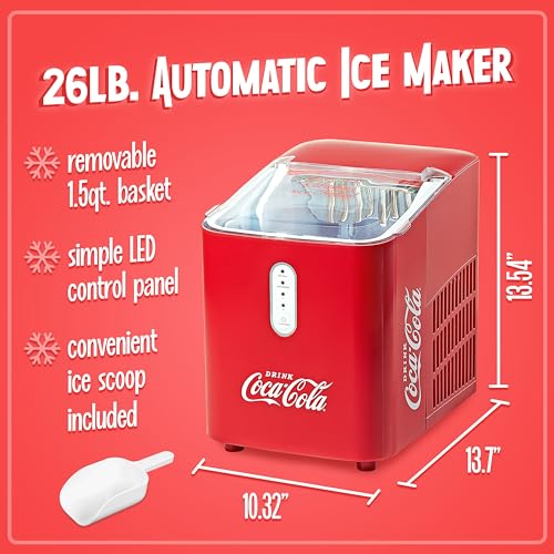 Image of Coca-Cola Automatic Ice Maker, Self- Cleaning, Countertop Size, 26 Pounds in 24 Hours, 9 Large or Small Ice Cubes in 7 Minutes, LED Control Panel, Scoop Included, Perfect for Water Bottles